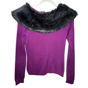Anne Klein Purple Sweater Removable Black Faux Fur Collar Size Small Retro Luxe